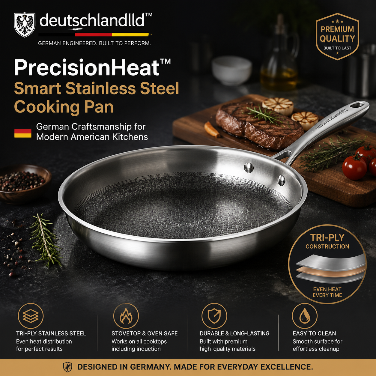 deutschlandlld™ PrecisionHeat™ Smart Stainless Steel Cooking Pan