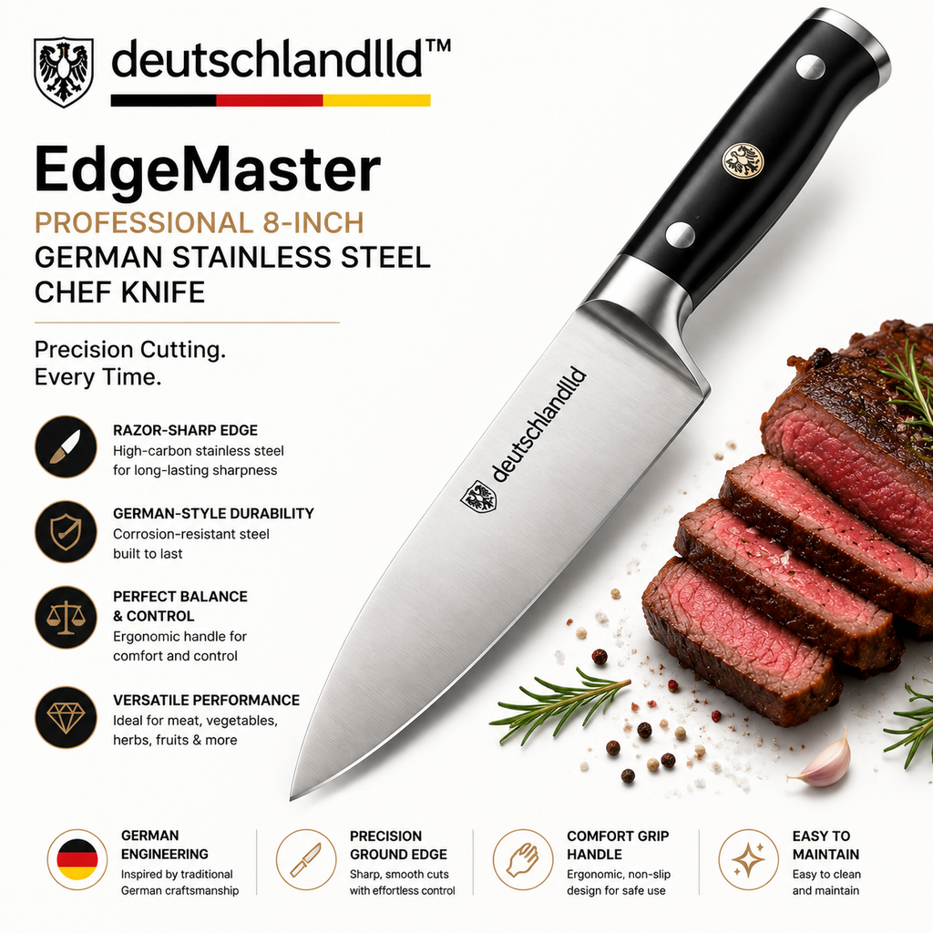 deutschlandlld™ EdgeMaster™ Professional 8-Inch German Stainless Steel Chef Knife