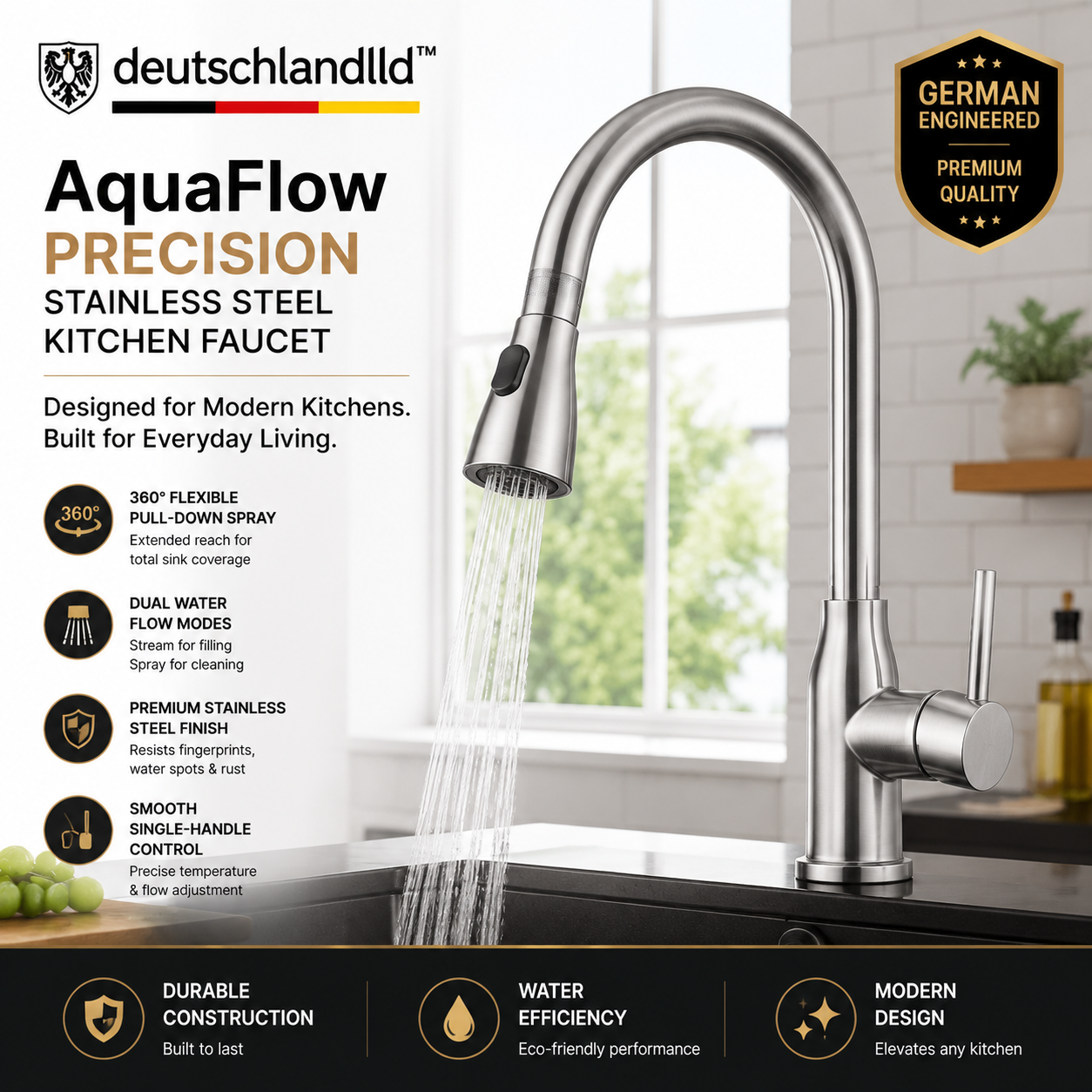 deutschlandlld™ AquaFlow Precision Stainless Steel Kitchen Faucet