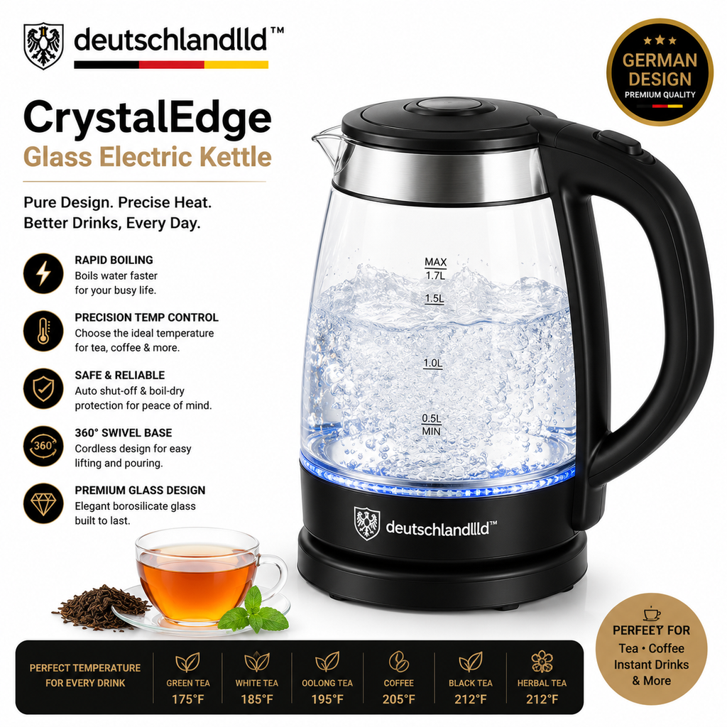 deutschlandlld™ CrystalEdge Glass Electric Kettle